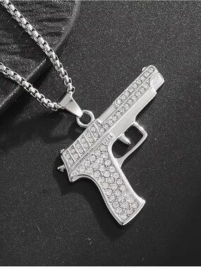 Men's Silver Pistol Pendant Necklace with Crystal Accents